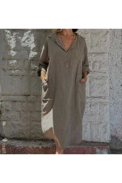 Rosidam Standard Size Comfortable Fit Wash Linen Dress with Half Placket Pockets