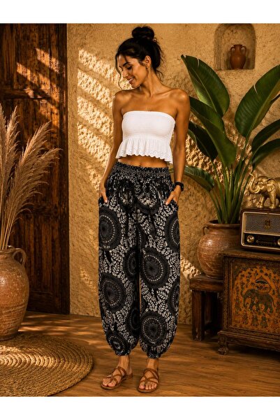 KESKİN AKSESUAR ETNİK DESENLİ ŞALVAR %100 RAYON KUMAŞ CEPLİ STANDART BEDEN (X...