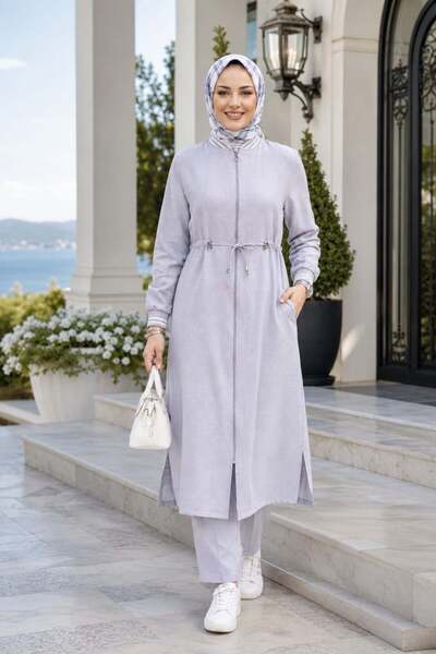 Hb Harma Time Butik Women's Ribbed Zippered Linen Tunic Pants Gray Double Set