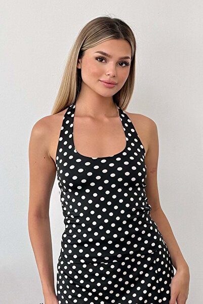 GİYSA Women's Halter Neck Polka Dot Blouse Black - 26Y 7024