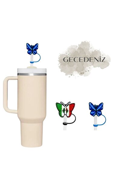 GECEDENİZ Thermos Compatible Straw Stopper Butterfly Model 3 Blue Navy Blue
