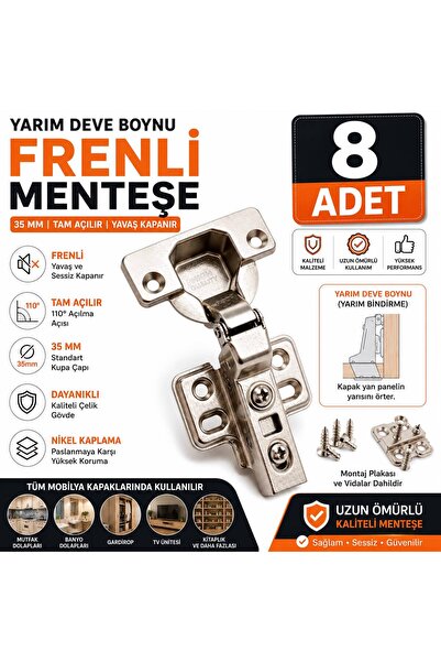 ROZIA Yarım Deve Boynu Frenli Menteşe Tam Açılır Gizli Dolap Menteşesi 8’li Paket