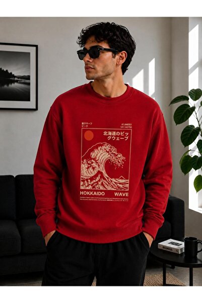 caddekombin Unisex Hokkaido and Wave Printed Crew Neck Sweatshirt