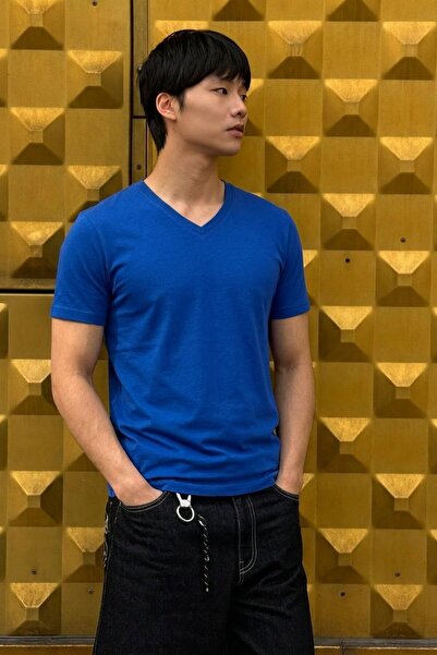DAMGA JEANS Men's Comfort Short Sleeve Blue V-Neck T-Shirt
