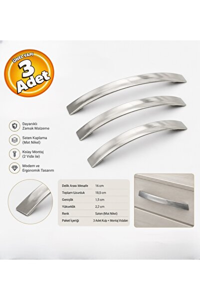 DİKO Metal Saten Gümüş 160 mm 16 cm Mobilya Çekmece Dolap Kapağı Kulpu Kulp (...
