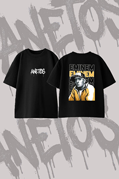 Anetos تي شيرت Eminem_16 ذو تصميم مطبوع وياقة دائرية كبيرة الحجم باللون الأسود