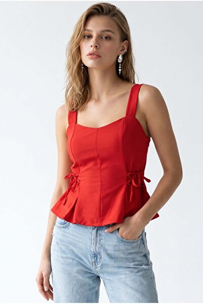 Mixray 2153 Women's Cross Lace-Up Strap Peplum Blouse Red