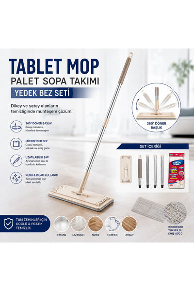 WESS Spin mop Tablet Mop Palet Sopa Takımı Yedek Bez Seti 12x32 CM Tek Taraf ...