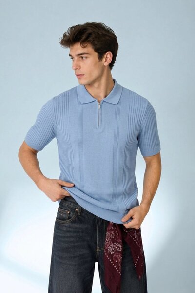 Maccali Men's Zippered Casual Polo Collar Knitwear Blue T-Shirt