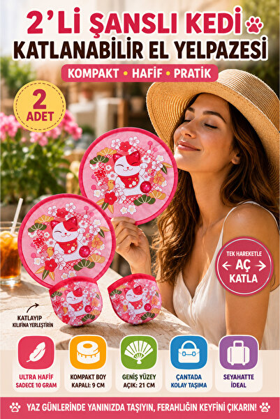 OpenCity 2'li Şanslı Kedi Desenli Katlanabilir El Yelpazesi Kılıflı Yuvarlak ...