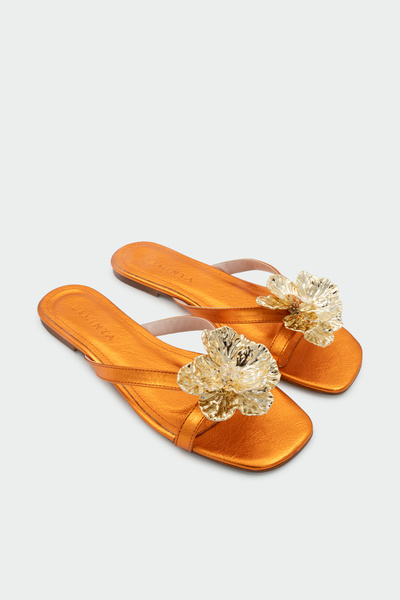 LAMİNTA Opia Gold Flower Detailed Women's Orange Flat Slippers