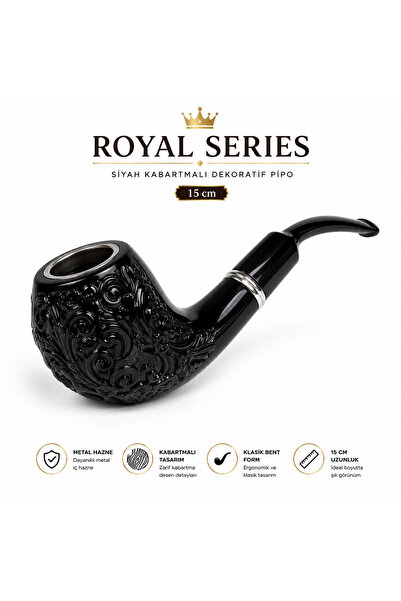 Han Tobacco Royal Series Siyah Kabartmalı Dekoratif Pipo 15 cm | Metal Haznel...