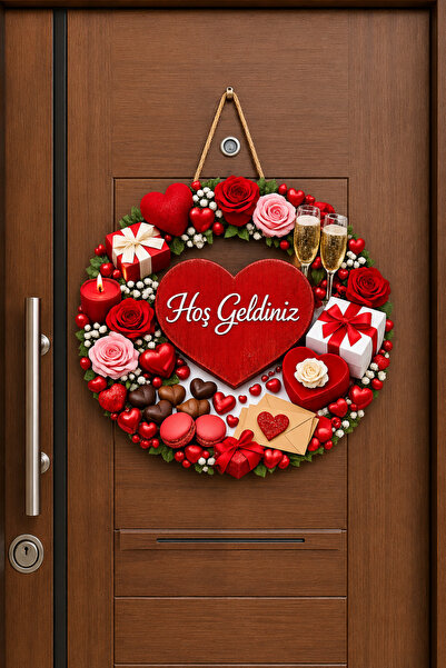 SHELİFE Valentine's Day Welcome Door Ornament Round Romantic Door Decor Wooden