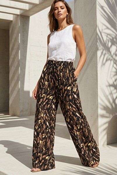 Azıcık Akıllı Women's Dark Yellow Leaf Patterned Model Comfortable Flowy Wide...
