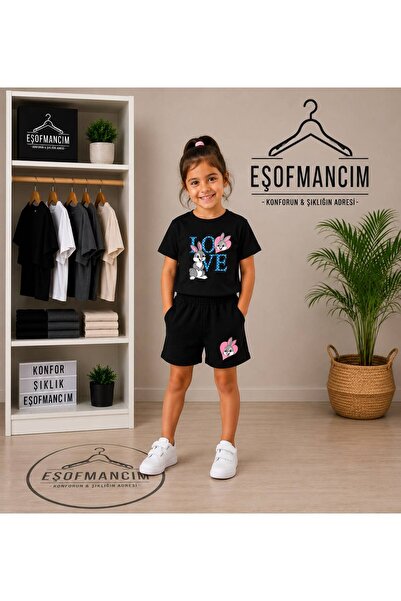 Eşofmancım Girl's Summer Shorts and T-Shirt Love Printed Set