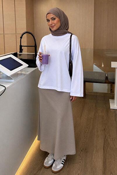 Reys Store Kadın Beyaz Uzun Kollu Pamuklu Oversize Tesettür Tişört