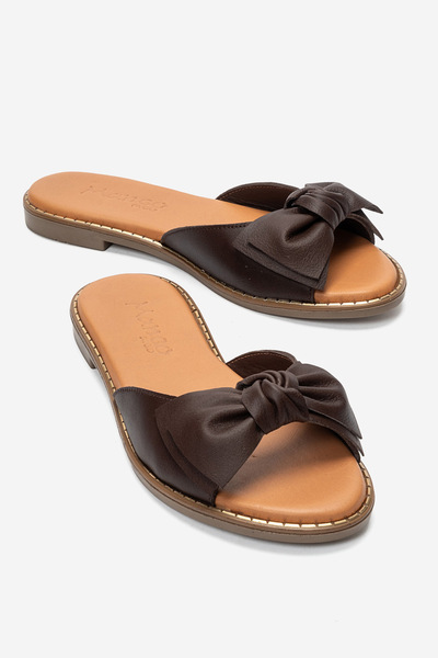 MANCORIGO Genuine Leather Women's Brown Bow Slippers Summer