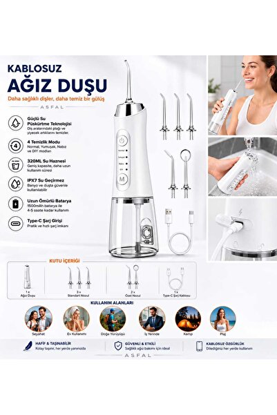 Asfal Şarjlı, Taşıma Çantalı Ağız Duşu Oral İrrigatör 320 ml IPX7 Su Geçirmez...