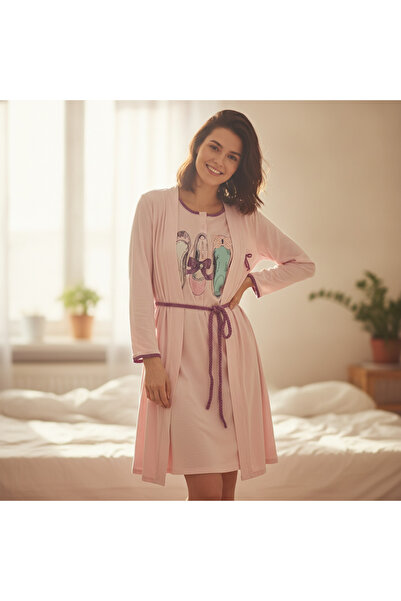 BONBON Women's Clothing Pink Color Printed Nightgown and Dressing Gown 2 Piec...