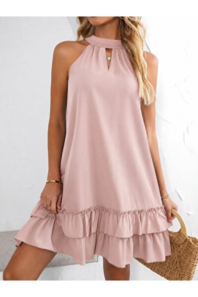 Generic Brand Women's Off-The-Shoulder Halter Neck Ruffled Short Sandy Dress