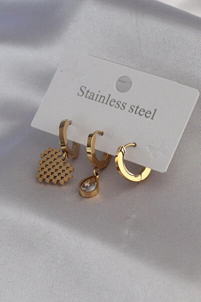 ARMÜZ 316L Steel Gold Color Heart Model Zircon Stone Detail Women's Earring C...