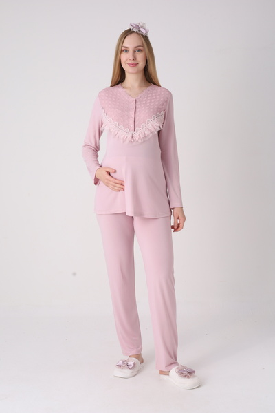 ERDENİZ TEKSTİL V-Neck Lace Ruffle Detailed Buttoned Front Maternity & Postpa...