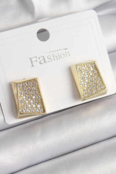 ARMÜZ Brass Gold Color Zircon Stone Plate Model Women's Earrings