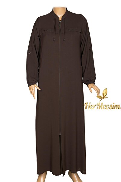 Hermevsim Hesna Women's Selvi Large Size Silk Crepe Bird's Eye Aks Kahve Ferace