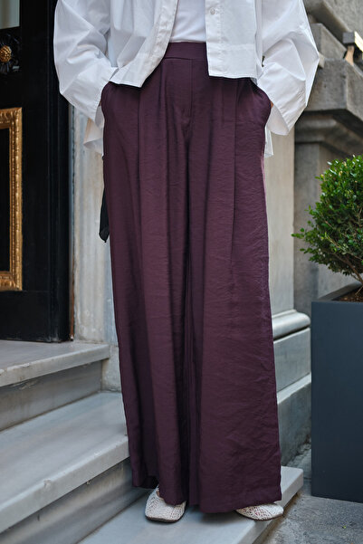 LOCCO Women's Elastic Waist Pocketed Pleated Detail Wide Leg Pants Plum
