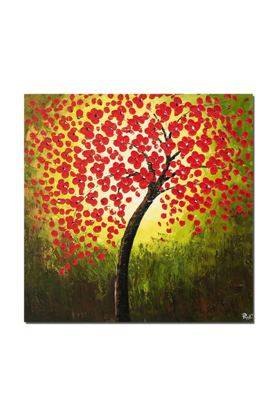 artnova Hand-painted painting, Tree of Life with red flowers, 90x90cm oil on ...
