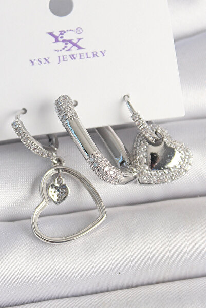ARMÜZ Brass Silver Color Dangle Zircon Stone Heart Model 3-Piece Women's Comb...