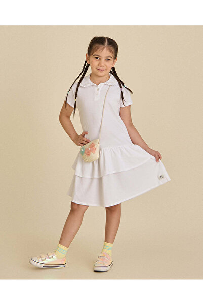 REDTAG Girls White Polo Frill Tiered Pique Dress