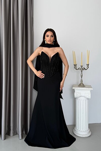 Serica Moda Siyah Straplez Dantel Korse Detaylı Fularlu Balık Model Abiye Elbise