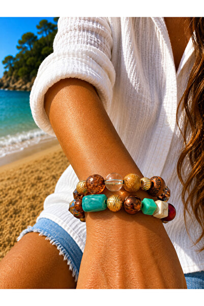 COCOSH TAKI Turquoise brown gold burgundy cream beaded multi combination brac...