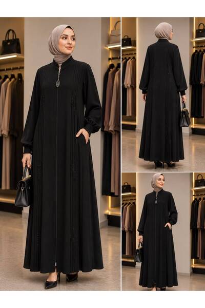 PAYİNİ 2227 Stone-Embellished Zippered Ferace with Hakim Collar Pocket and Te...