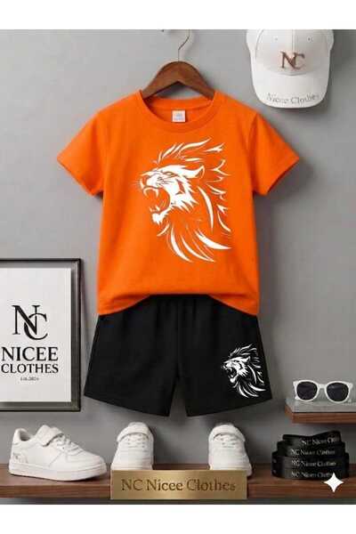 NC Nicee Clothes تي شيرت صيفي للأطفال شورت يونيسكس (طباعة أسد بخطوط بيضاء)