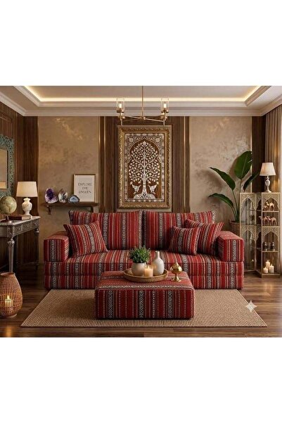 Xboat Red Striped Sofa Set with Ottoman, Bohemian Living Room Arabic traditio...