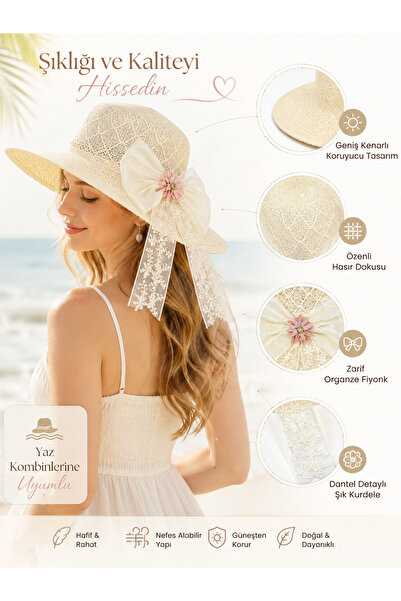 RAİR BEAUTY Imported High-Quality Bowknot Pink Floral Cream Straw Hat Beach Hat Summer Hat Sun Protection