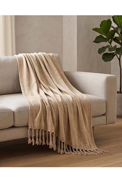 REDTAG Ivory Plain Chenille Throw with Gold Metallic Yarn
