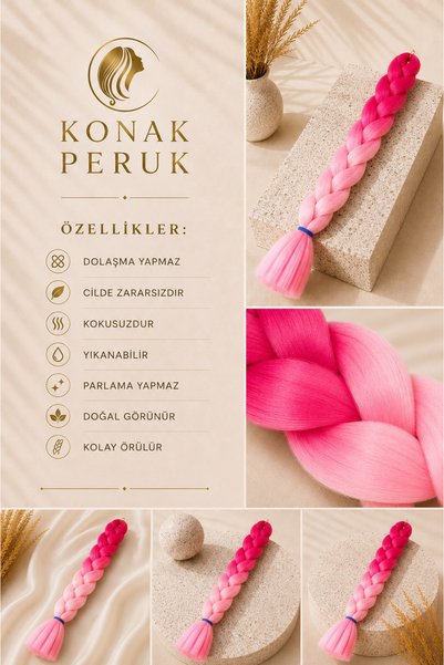 KONAK PERUK Afrika Örgüsü Ve Rasta İçin Sentetik Saç - 2 Renkli / Koyu Pembe - Şeker Pembe