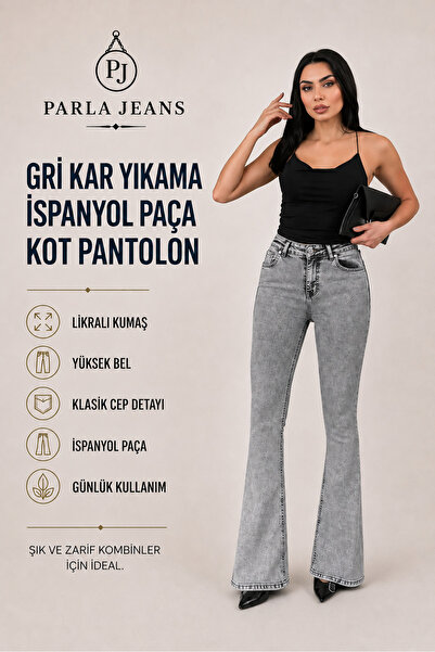 Parla Jeans بنطلون جينز نسائي رمادي اللون بخصر عالٍ وساق واسعة من الليكرا