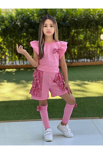 Lucky kidswear DEVOJČIČKI SET SA ŠLJOKICAMA, SIVO-SIVOJUČASTA SUKNJA I KRATKE...