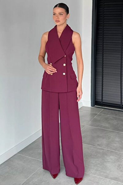Aryena Mürdüm Perry Women's Gold Detailed Vest and Pants Two-Piece Set