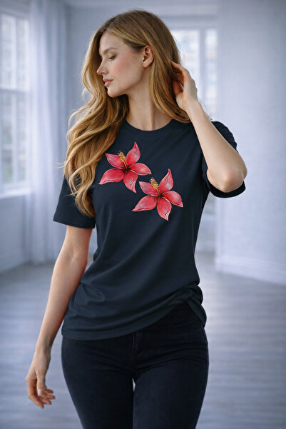 caddekombin Women's Summer Style Pink Floral Printed Round Neck Sports T-Shir...