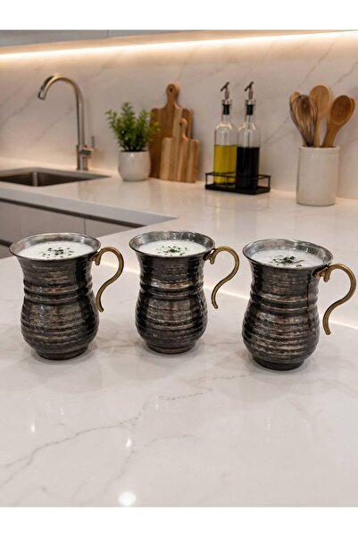 Aslı Hediyelik 3-Piece Stainless Steel Patterned Handled Cups for Ayran and S...