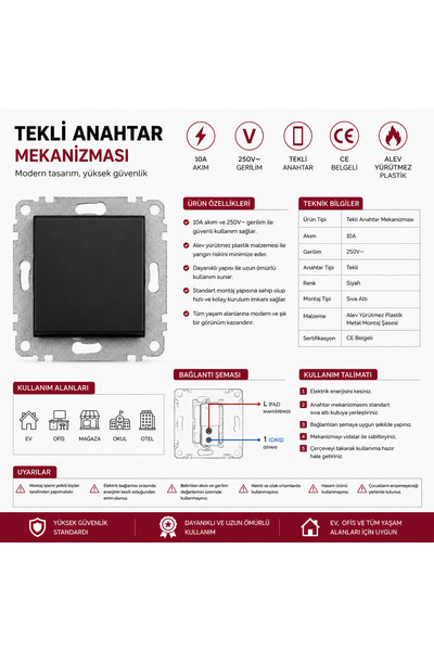Mutlusan Tekli Anahtar Mekanizması – 10A | 250V~ | Siyah | Sıva Altı