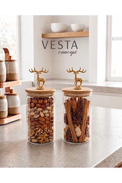 VESTA Concept Glass Jar with Deer Cap and Airtight Natural Bamboo Lid - Doubl...