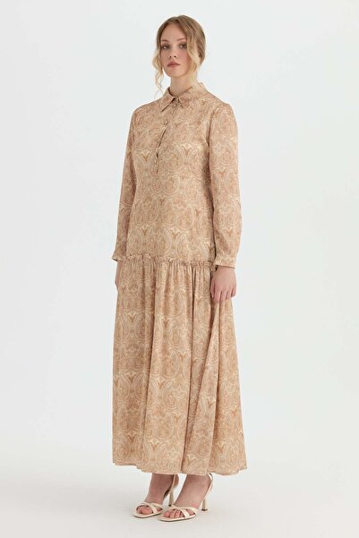 Esswaap Emprime Desenli Elbise Camel