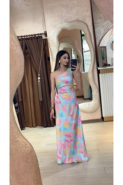 SÜSLÜ BUTİK TEK OMUZ FLORAL DESENLİ ELBİSE