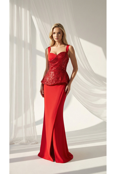 holie dress KADIN PAYET İŞLEMELİ ASKILI YIRTMAÇLI UZUN ABİYE ELBİSE